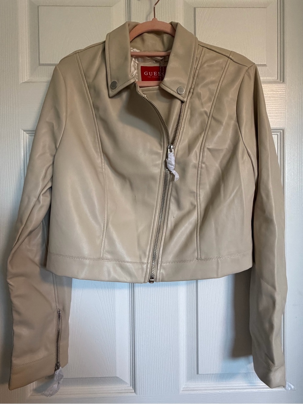 GUESS Cream Faux Leather Cropped Moto Jacket